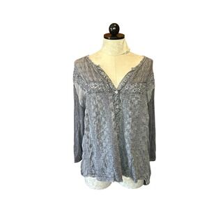 Solitare Grey Crochet Lace‎ Mixed Media Boho Tunic Top Long Sleeve Grey Plus 3X